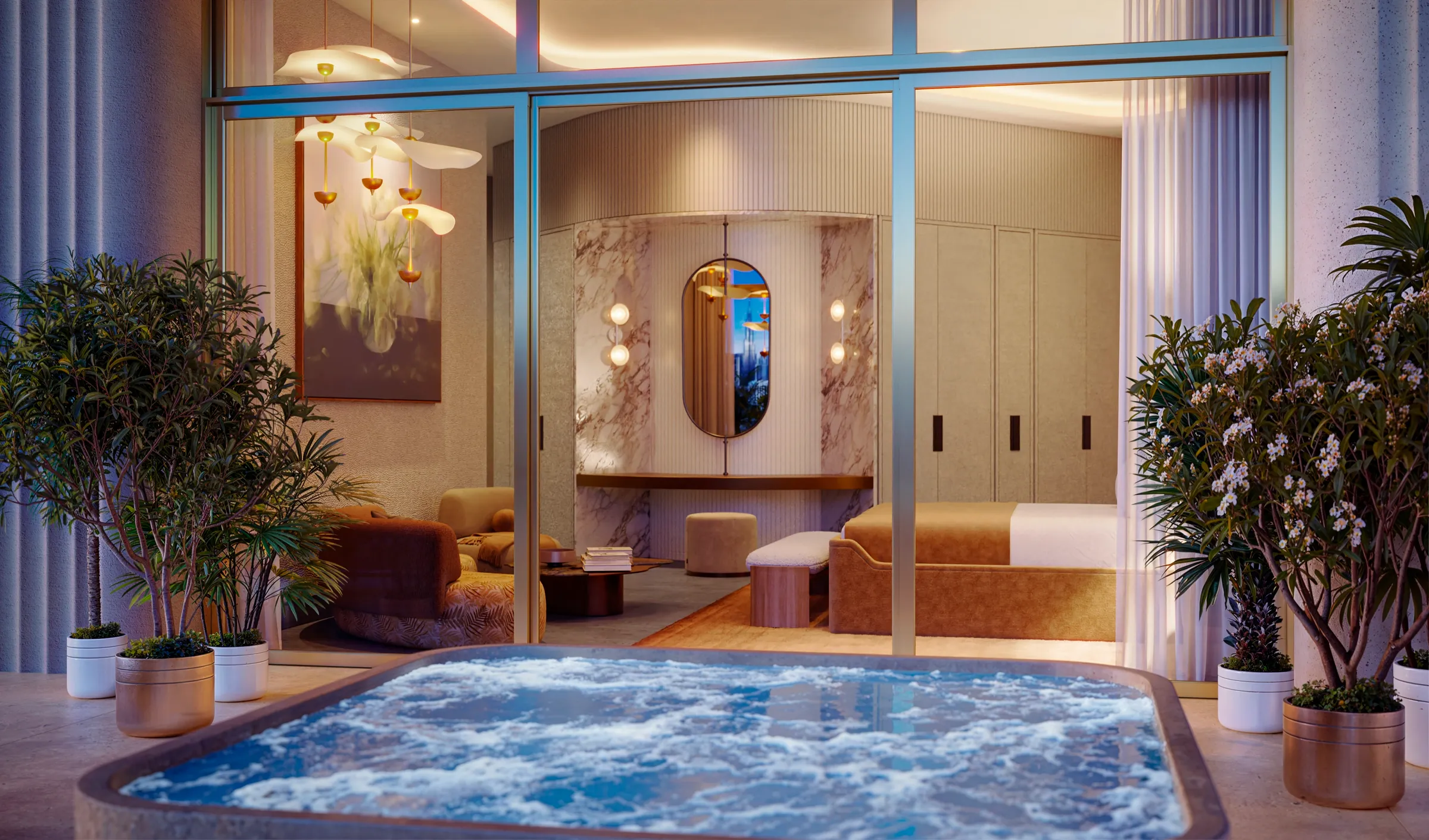 Dusk 3D rendering of a master bedroom at Sankari Place, Dubai, seen from the private terrace across a bubbling jacuzzi, with warm interior lighting, a marble dressing alcove, and potted plants framing the glazing