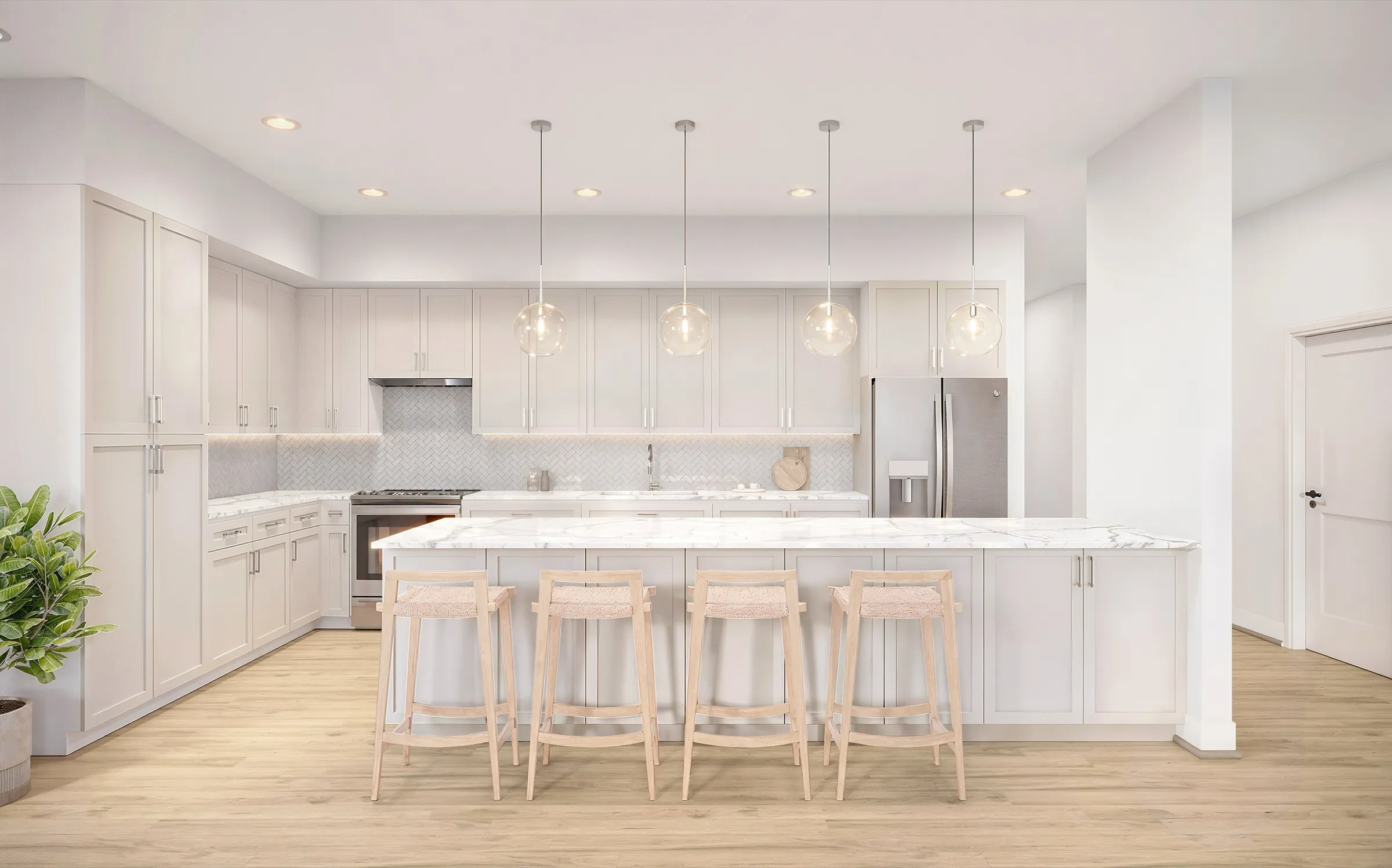 Photorealistic 3D rendering of the kitchen in Residence 925 at SoLa in Michigan City, Indiana, with a large marble island and light wood counter stools, soft grey cabinetry, glass globe pendants, and stainless steel appliances.