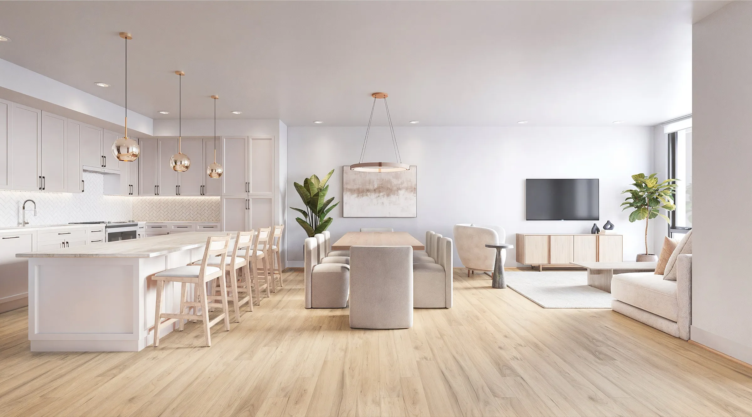 Photorealistic 3D rendering of the open-plan living and dining area of a townhome at SoLa in Michigan City, Indiana, with a pale wood floor, a white kitchen lit by copper globe pendants, a neutral upholstered dining table, and a lounge with a wall-mounted television, created for the development's sales launch.