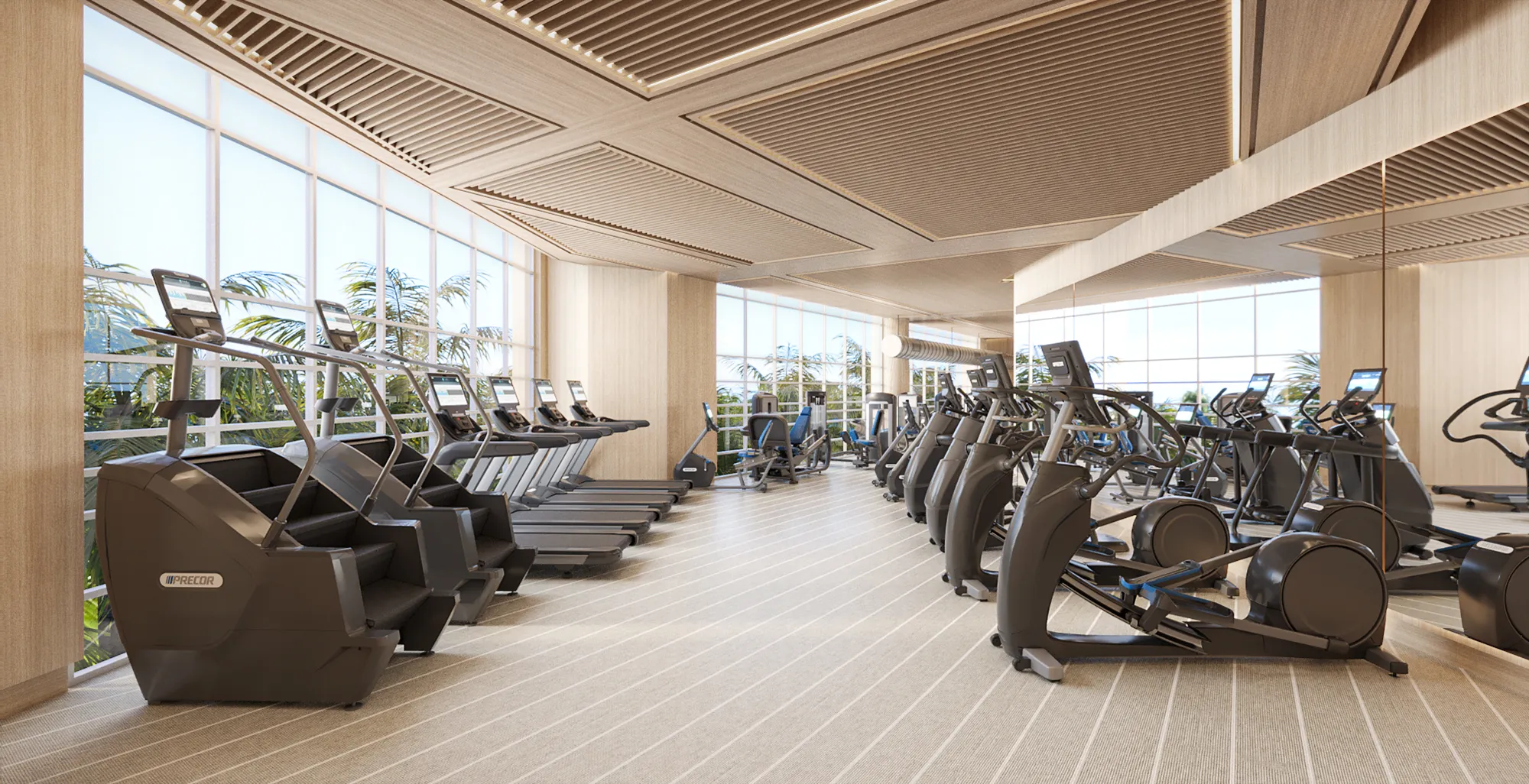 3D rendering of the cardio room at a sporting club on South Beach, lined with floor-to-ceiling windows onto palm trees, with rows of treadmills and cardio machines under a wood-slat ceiling.