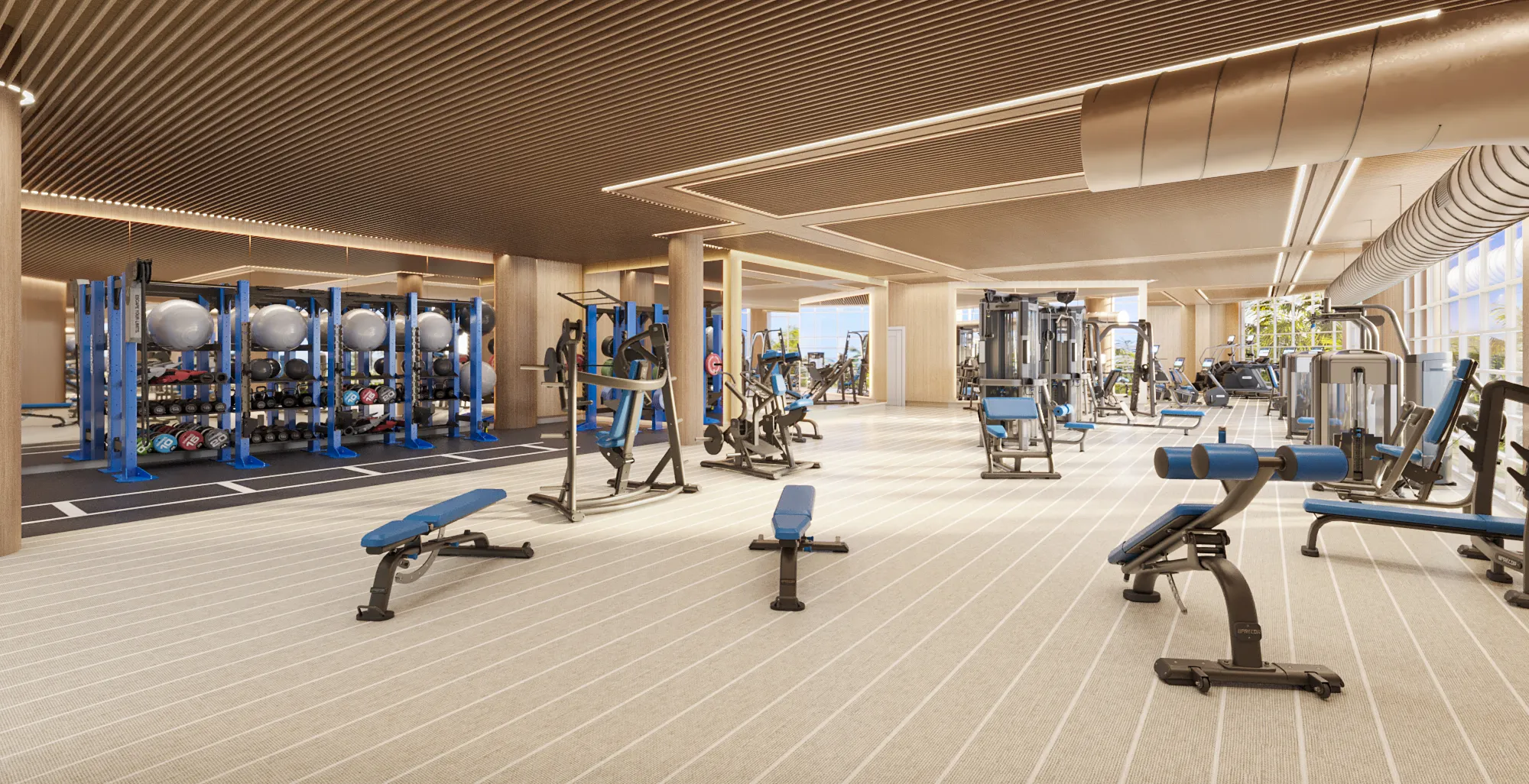 3D rendering of the strength-equipment area at a sporting club on South Beach, with selectorized machines, benches, and blue storage racks across an open floor under a wood-slat ceiling.