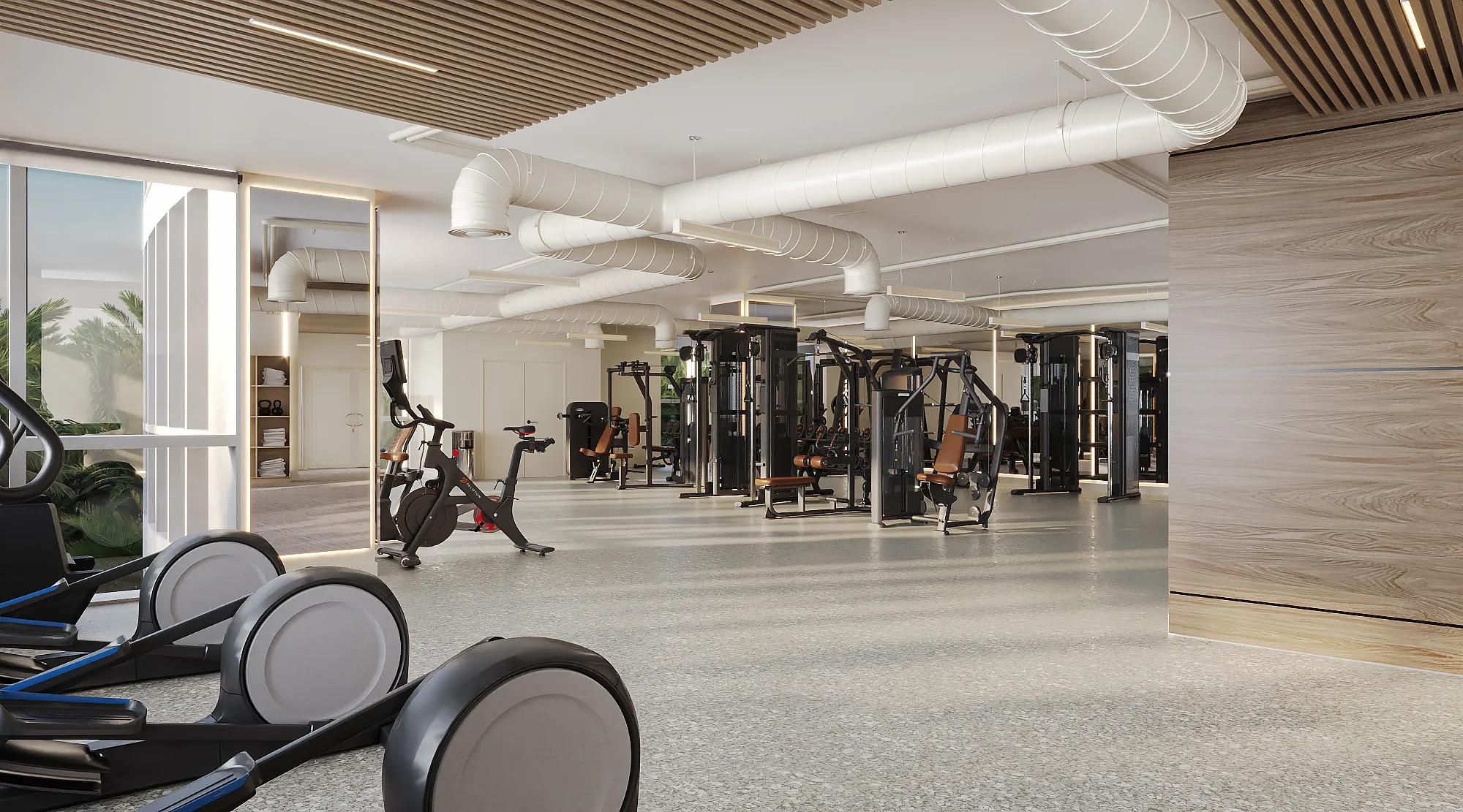 3D rendering of a residential-tower fitness center on South Beach, with cardio machines and strength stations beneath exposed white spiral ductwork and wood-slat ceiling accents, shown with a light terrazzo floor.