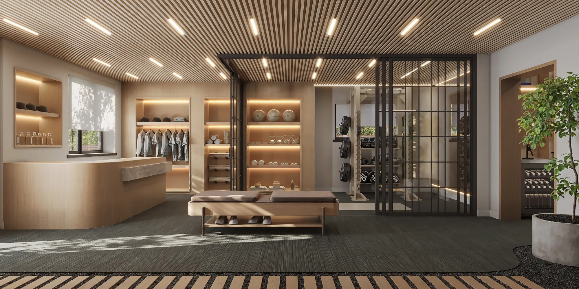 3D rendering of the reception and retail area at the Spring Street studio in Aspen, with a curved wood desk, backlit shelving displaying apparel and accessories, and a glass-partitioned training area beyond.