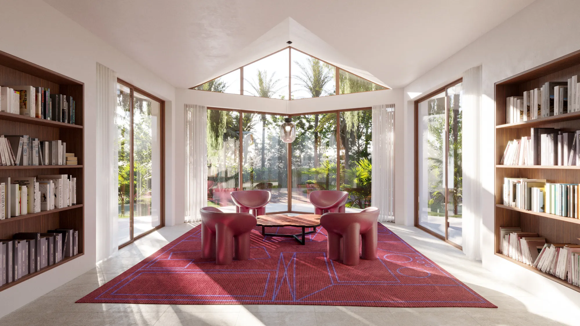 3D interior rendering of the library at the retreat community, a reading room with built-in timber bookshelves, sculptural red lounge chairs on a red patterned rug, a gabled skylight, and glass walls opening to the tropical garden.