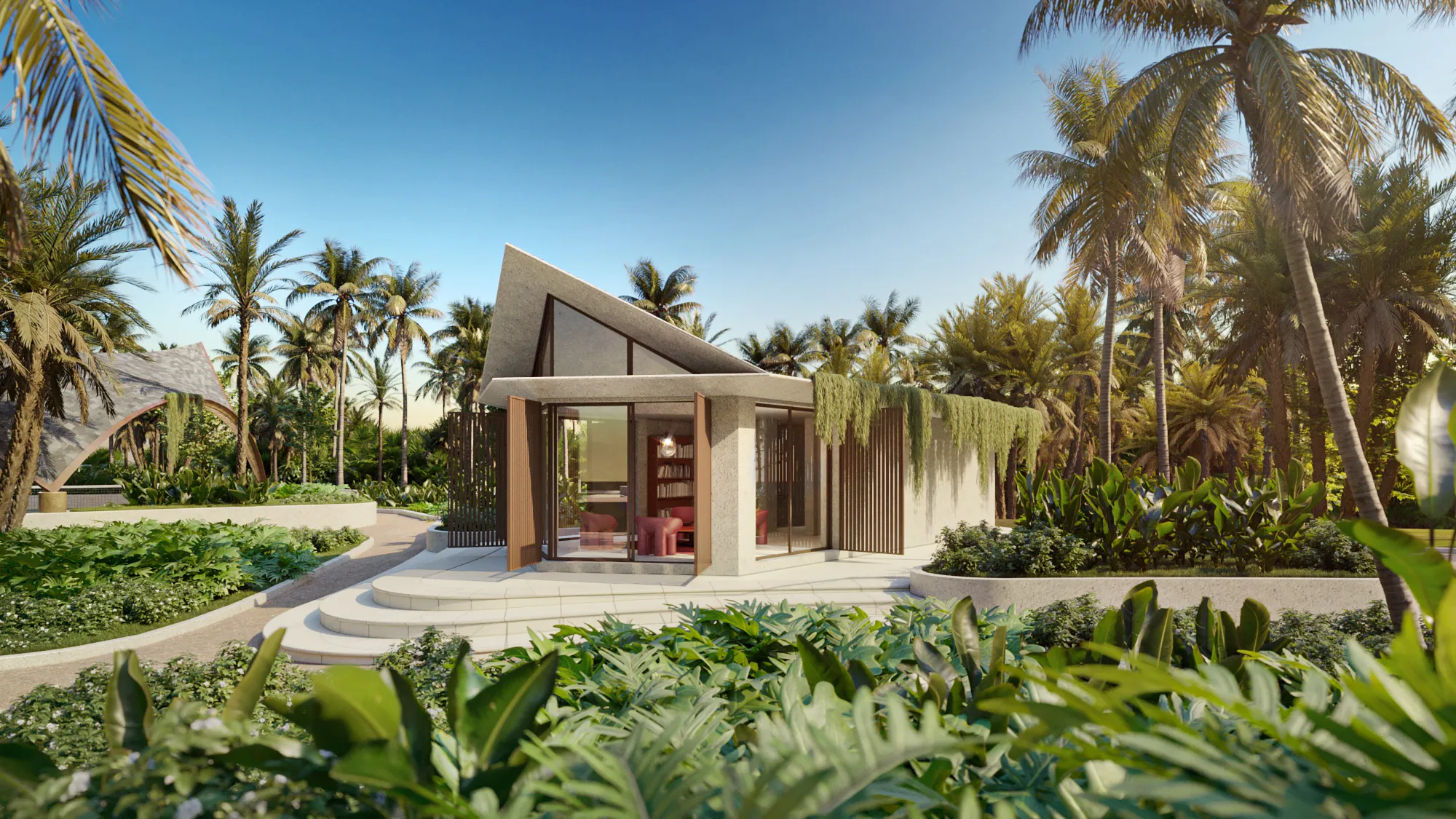 3D rendering of the library pavilion at the retreat community, an angular timber-clad pavilion with a green vine roof and a glass front, raised on a low plinth among lush tropical planting and palms.