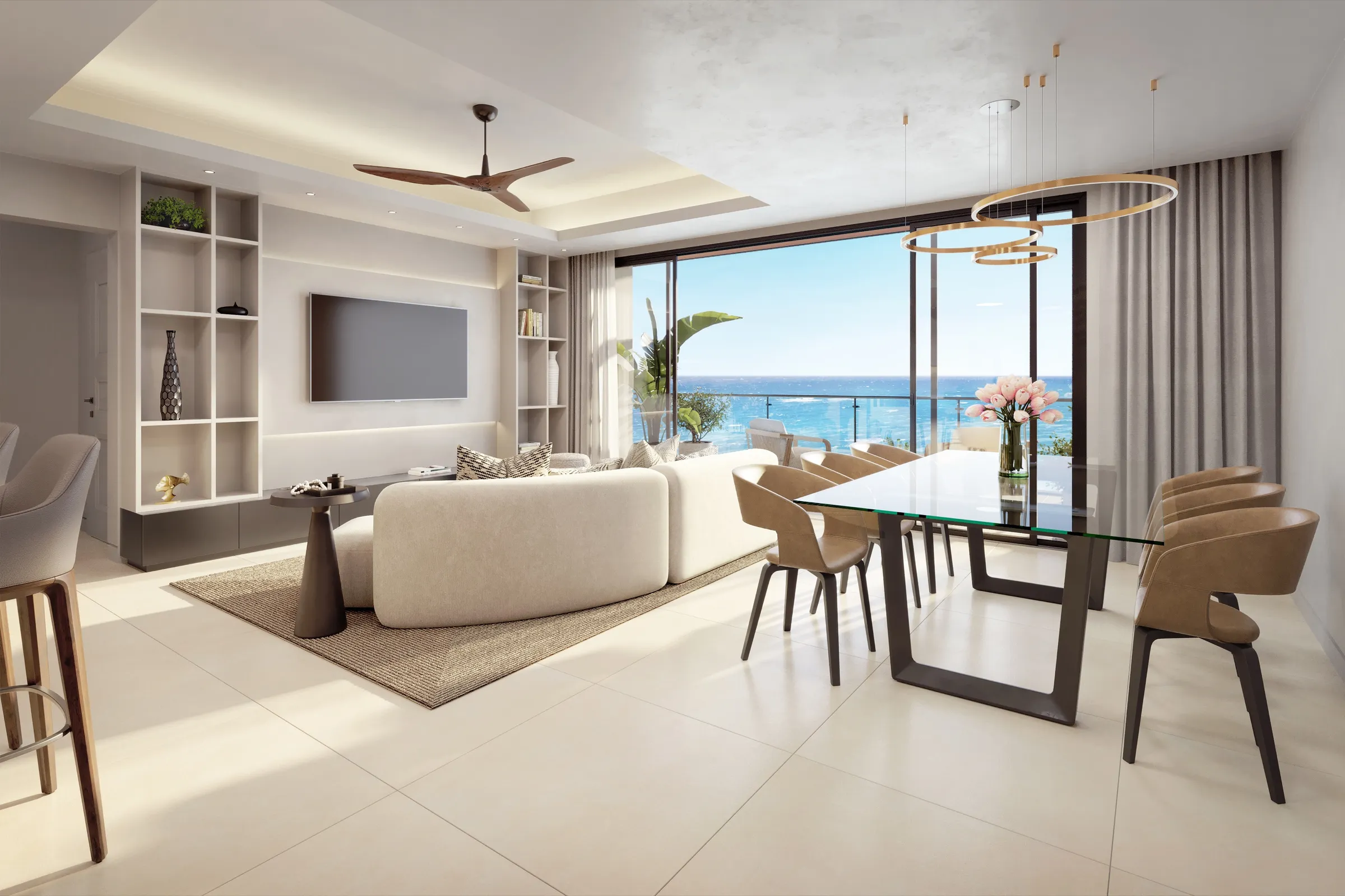 The Elysian interior rendering, living and dining room with a glass dining table and the sea beyond the balcony