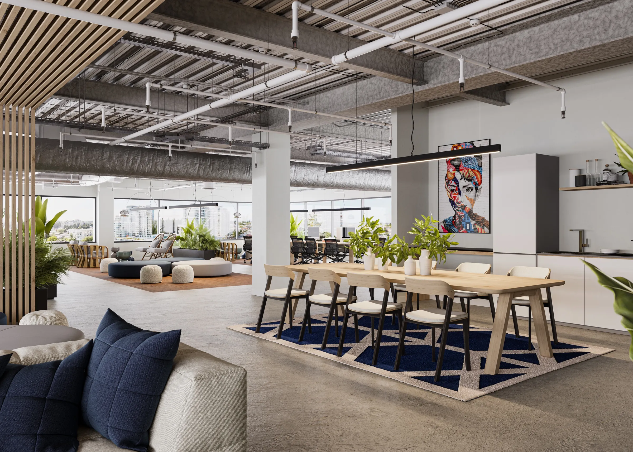 3D rendering of a built-out tenant office suite at The Ivy, with an exposed industrial ceiling, an open-plan lounge and dining or meeting area, a kitchenette, and city views through floor-to-ceiling glass.