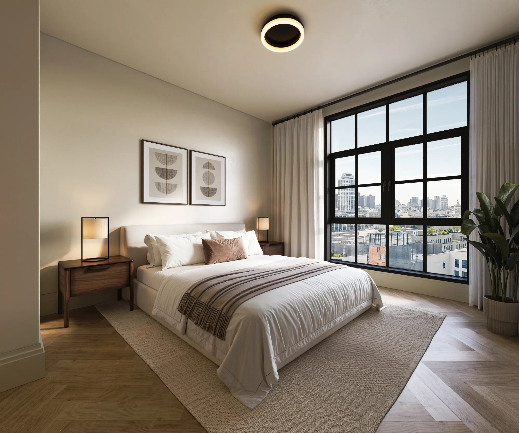 3D rendering of primary bedroom with large windows and city views