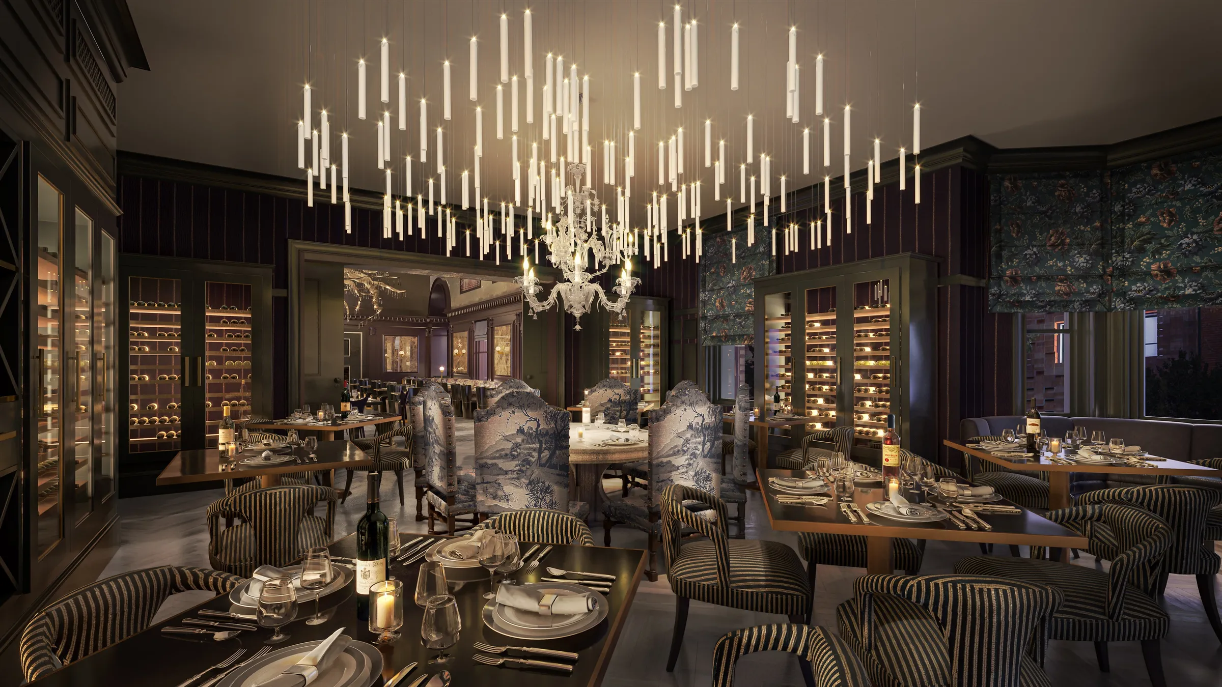 Interior 3D rendering of the Wine Room at The 'Quin House, a candlelit private dining room with floor-to-ceiling glass wine displays, a dramatic cluster of tube pendants over a crystal chandelier, blue-and-white toile chairs, and set tables.