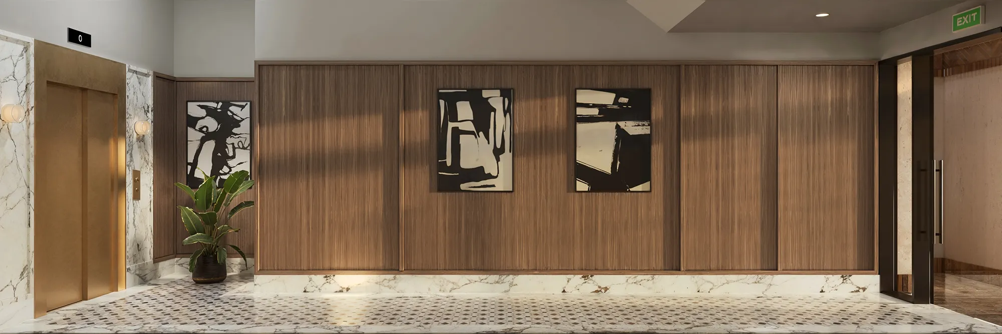 3D interior rendering of the lobby at The Willow in Manhattan, with a brass-faced elevator in a marble surround, a walnut wood-panelled feature wall hung with black-and-white abstract artworks, and a mosaic marble floor.