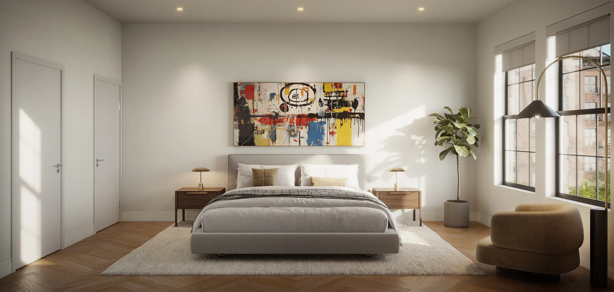 3D interior rendering of the primary bedroom at The Willow in Manhattan, with a grey upholstered bed, a large abstract canvas above the headboard, twin nightstands with brass lamps, a fiddle-leaf plant, and tall windows with city views.