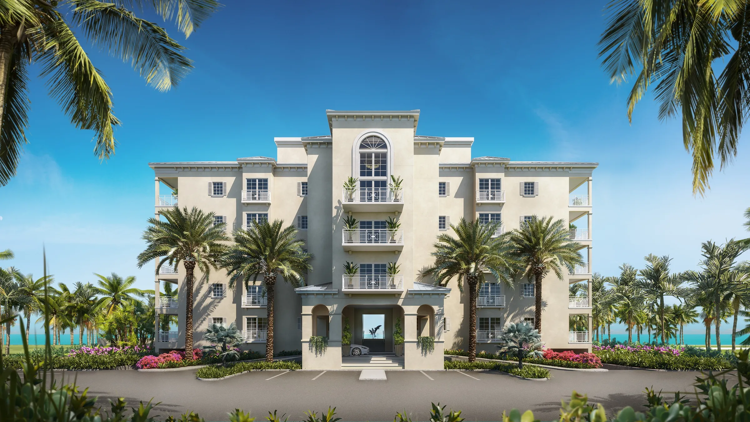 Oceanfront resort entrance 3D rendering, Turks and Caicos