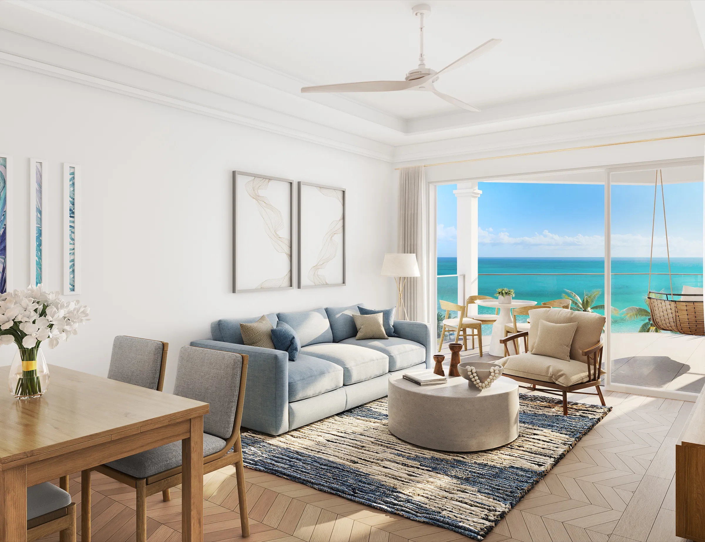 3D interior rendering of a one-bedroom unit's great room, with a pale blue sofa, timber dining table, herringbone floor, and sliding doors opening to a balcony over the sea.