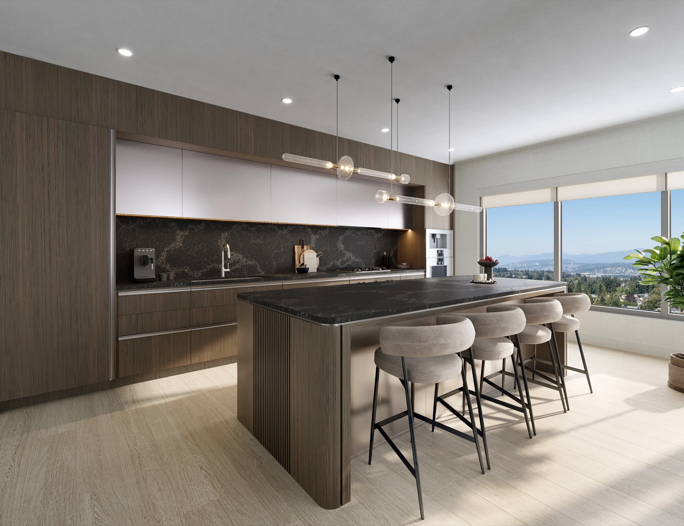 3D interior rendering of a Vivere by Solterra penthouse kitchen with warm wood cabinetry, a dark veined stone backsplash and island top, a fluted island base, upholstered bar stools, linear pendants, and windows over the city.
