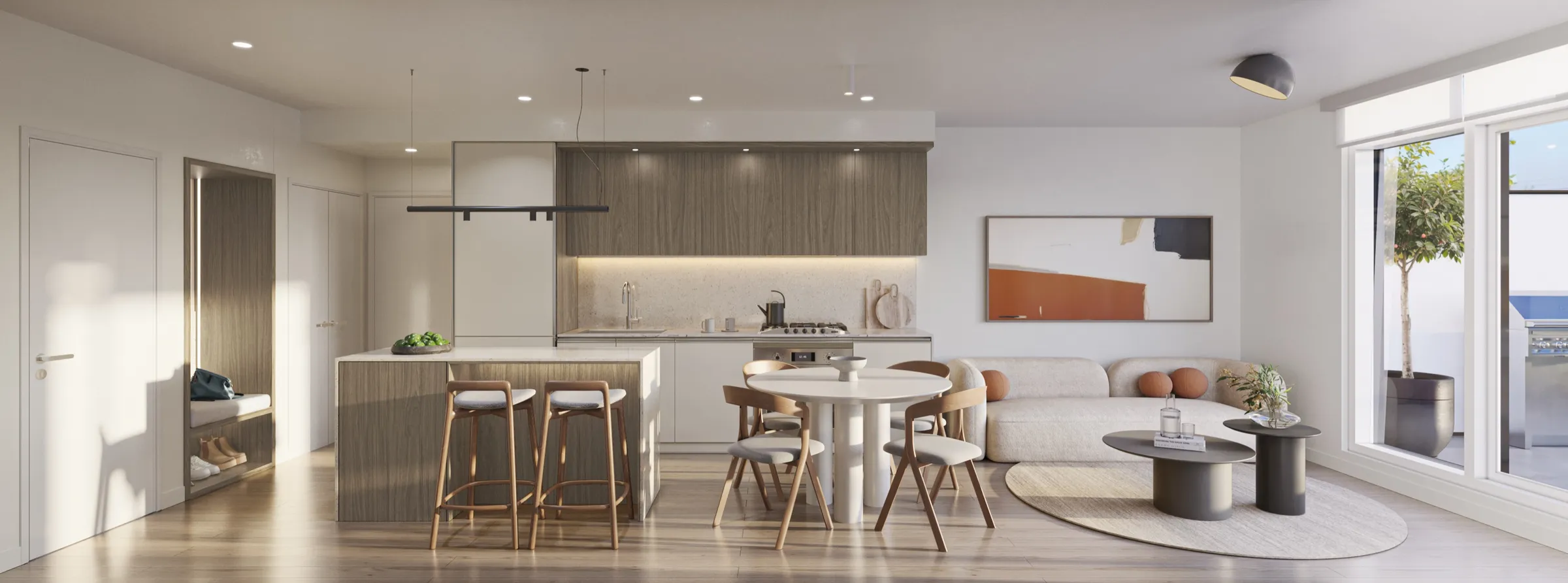 Wide 3D interior rendering of a Vivere by Solterra open-plan living, dining, and kitchen area with a warm wood kitchen and white waterfall island, bar stools, a round dining table, a long cream sofa, and sliding doors opening to a terrace.