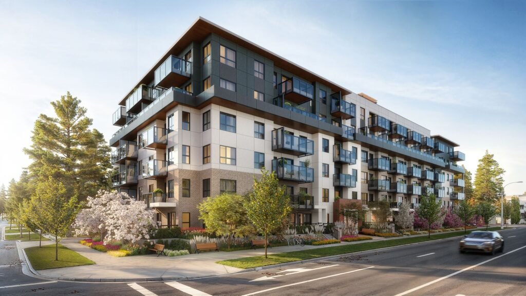 3d exterior rendering showing a condo muse guilford in surrey vancouver