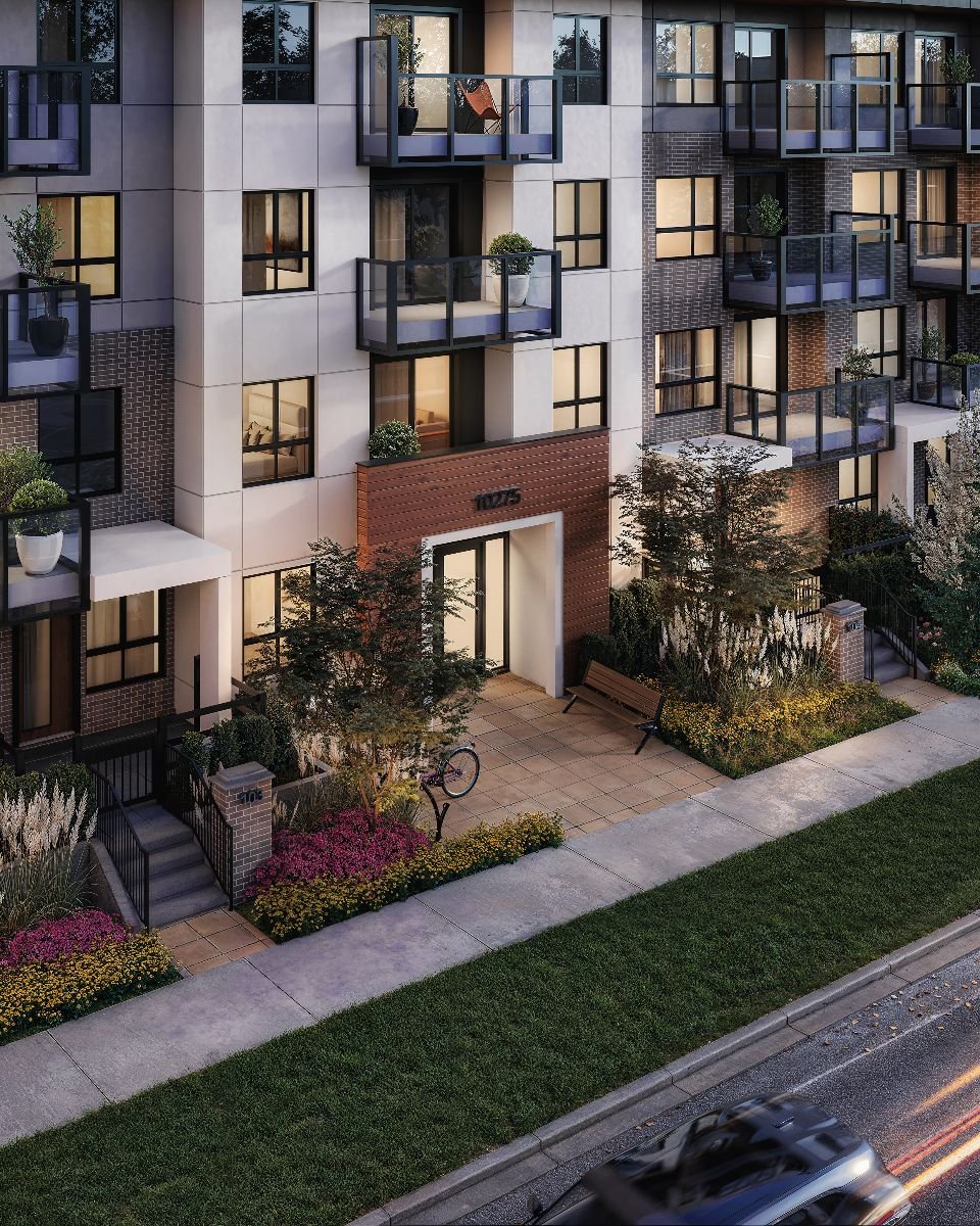 3d exterrendering showing a condo Muse Guilford in surrey vancouver entrance