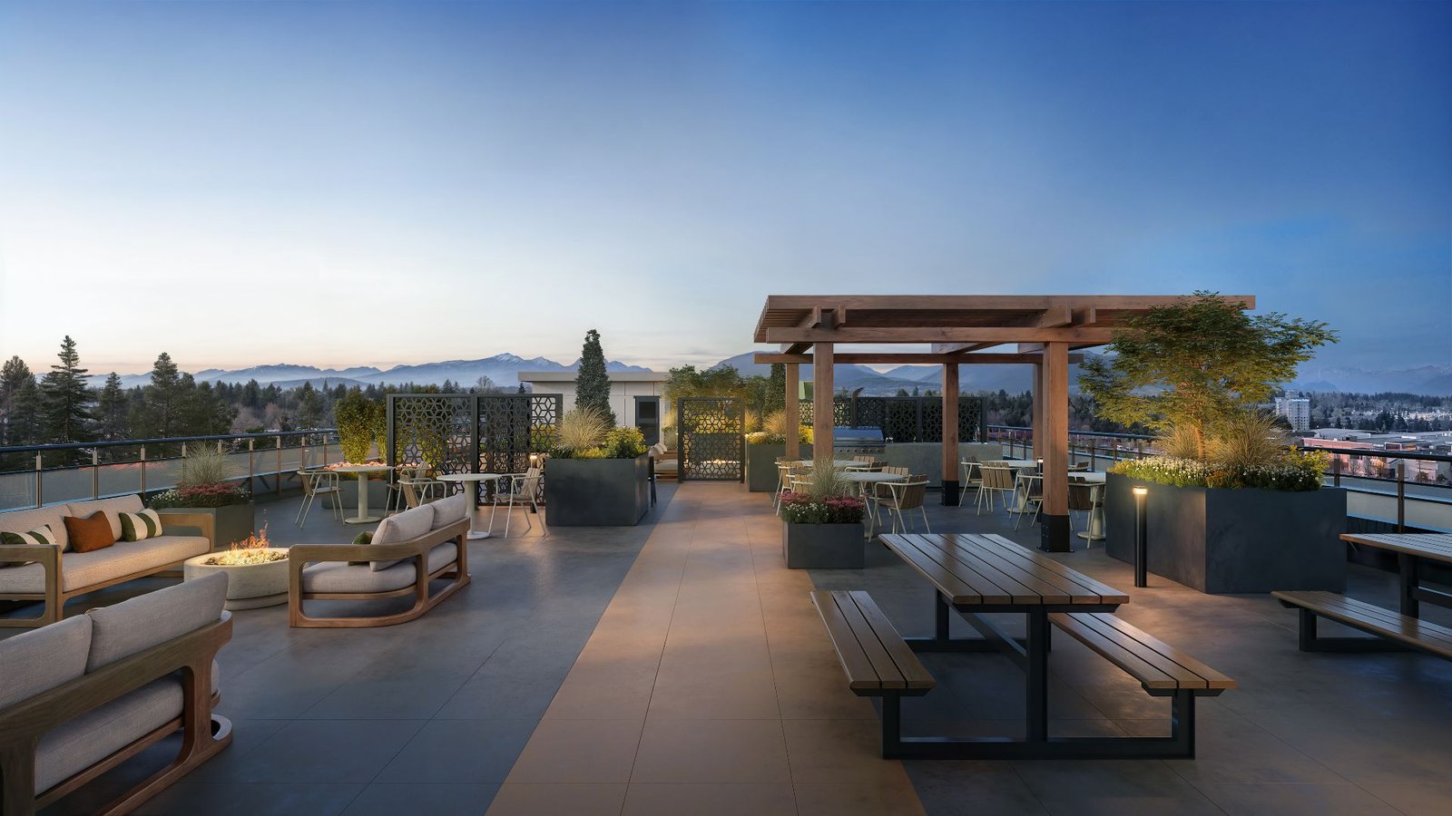 3d exterior rendering showing a condo muse guilford in surrey vancouver rooftop