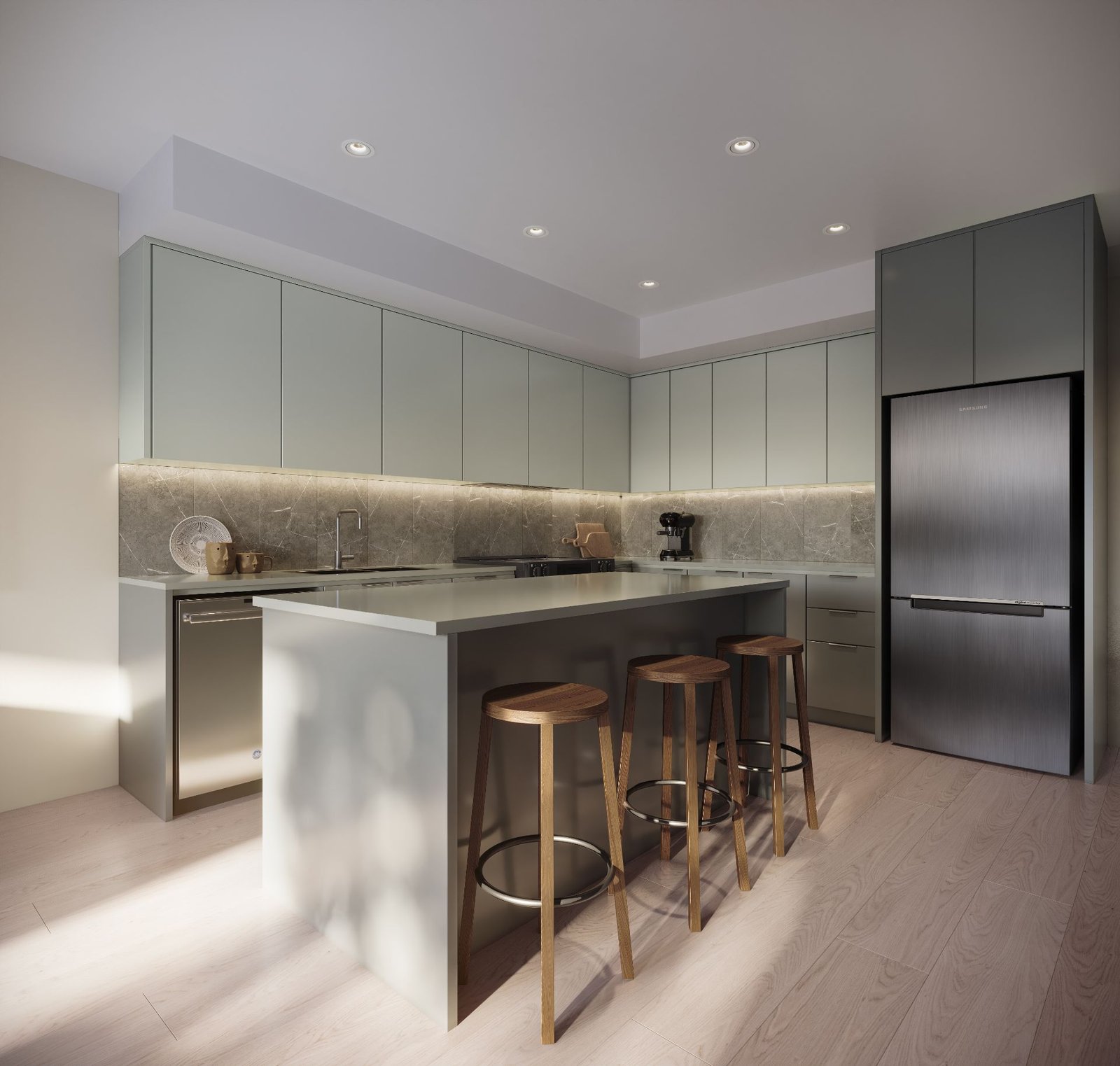 3d interior rendering showing a condo muse guilford in surrey vancouver kitchen