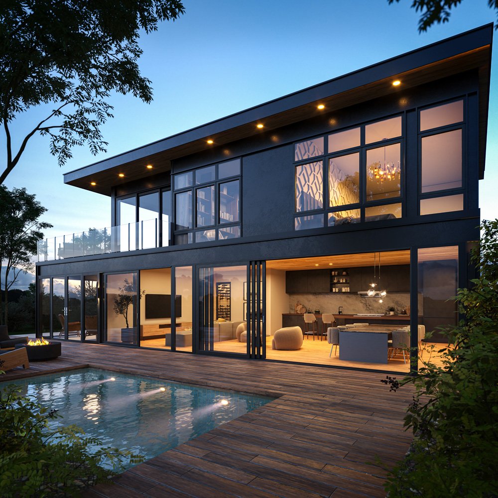 3d exterior rendering showing a luxury residential house in LA at blue hour