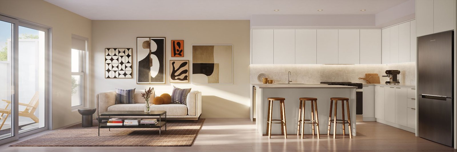 3d interior rendering showing a condo muse guilford in surrey vancouver living room