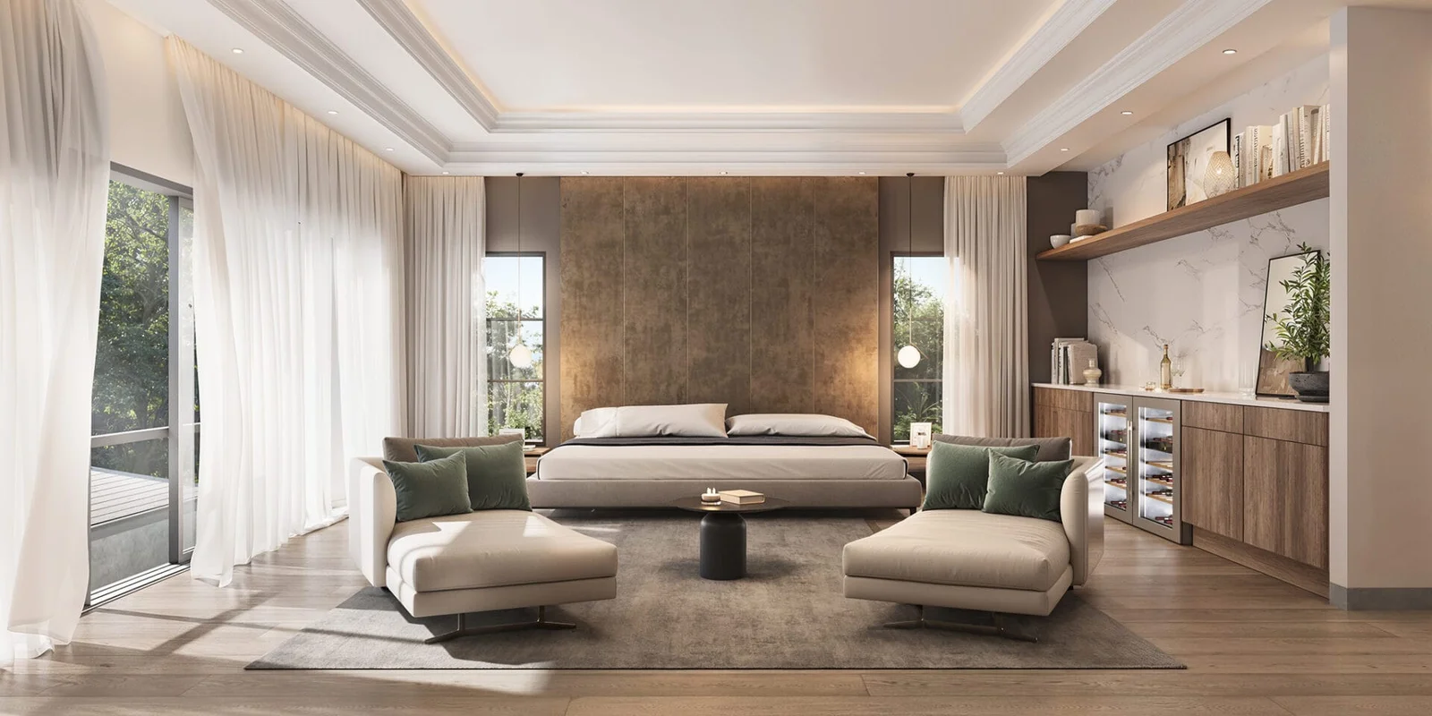 3d interior rendering showing a bedroom in a luxury house in Chatsboro LA