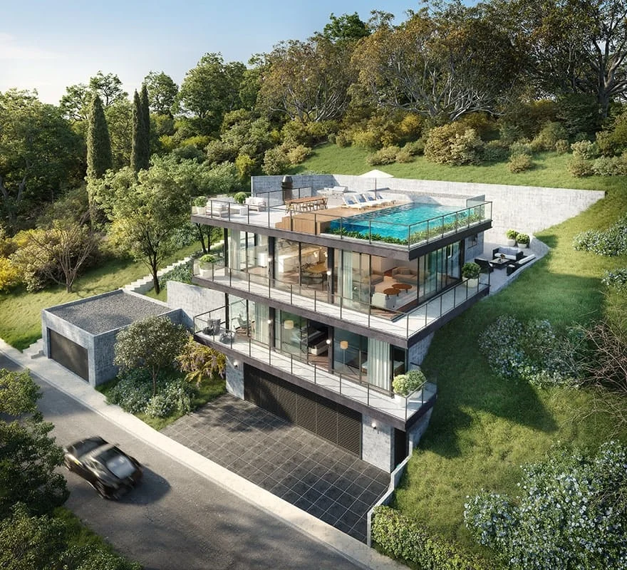3d exterior rendering of a house with a pool on the side of it