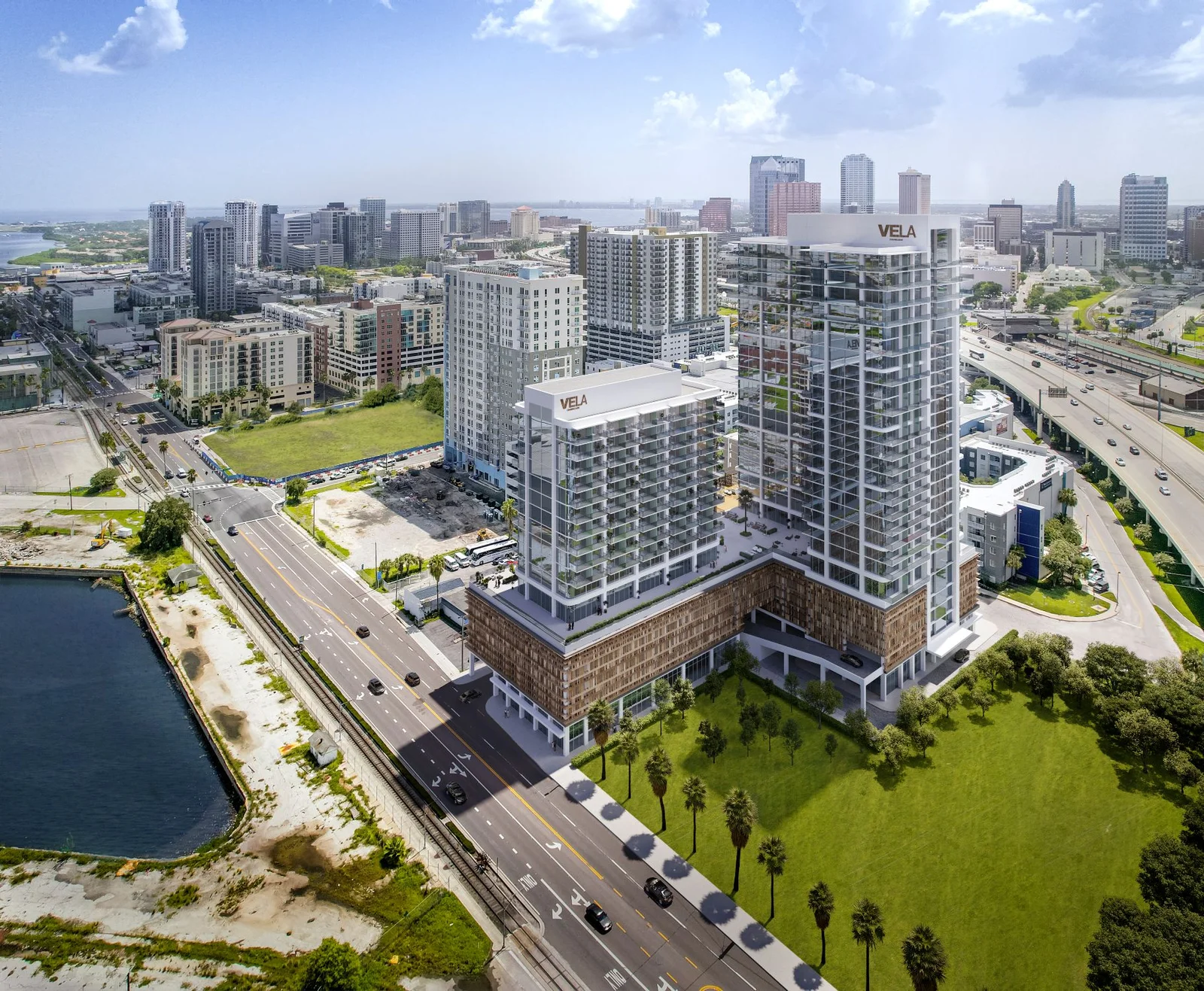Aerial 3D rendering for city planning approval of the VeLa development at 1242 Channelside Drive, Tampa
