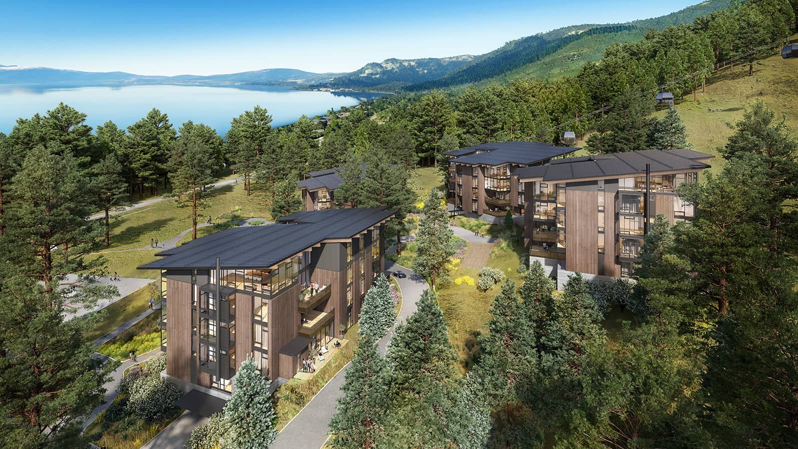 3d aerial rendering showing a new development at Lake Tahoe