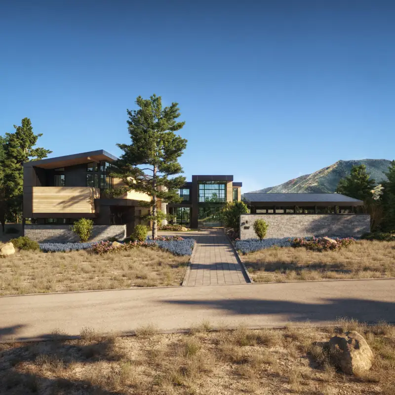 Exterior 3D rendering for pre-sales at Clear Creek in Carson City, Nevada, showing luxury mountain residences