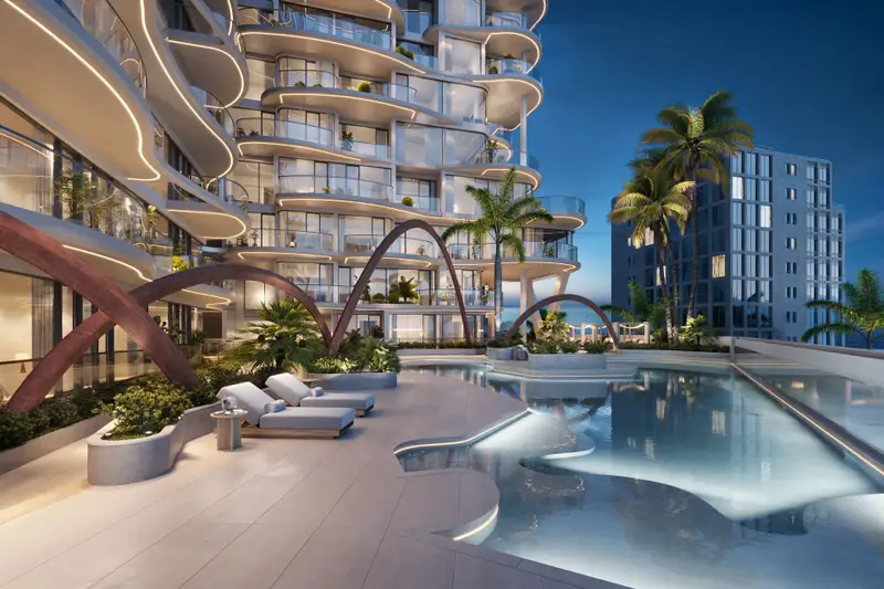 3D rendering of Sankari Place luxury condominium in Dubai featuring resort-style pool and landscaping
