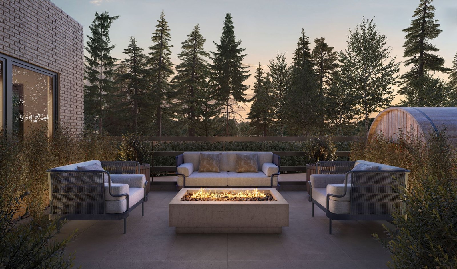 3d exterior rendering showing a condo muse guilford in surrey vancouver patio