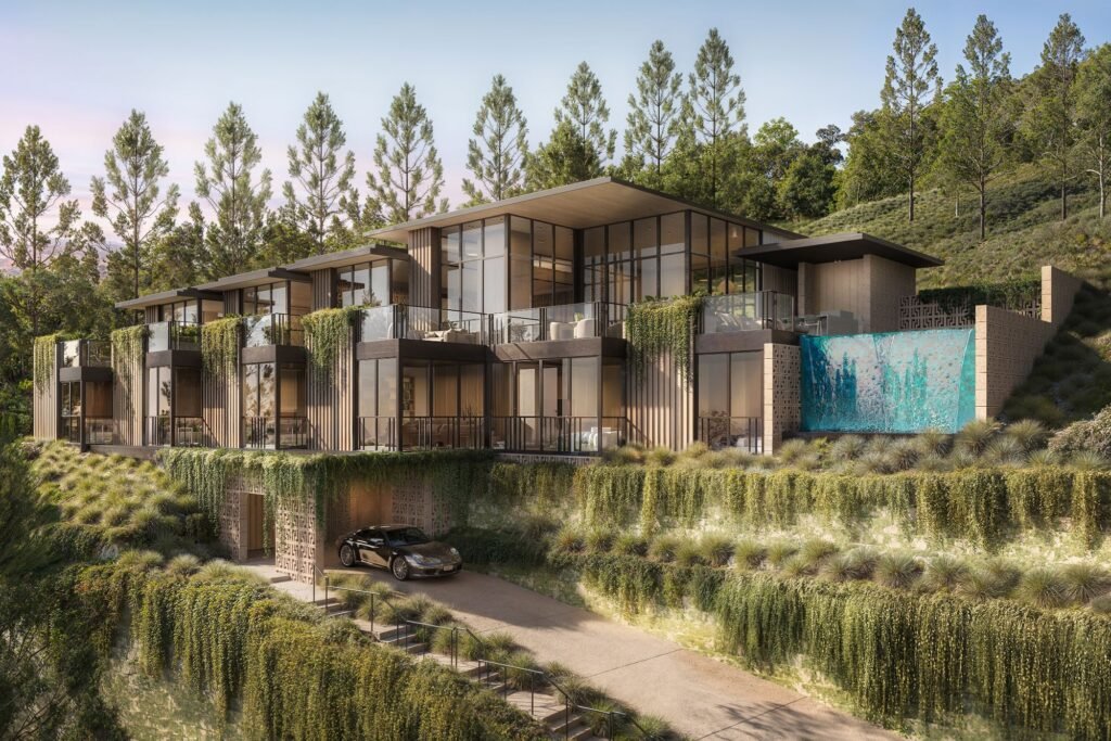 Luxury modern hillside home 3D rendering with glass facade, terraces, and landscaped architecture - Carrizo, Jolla, California