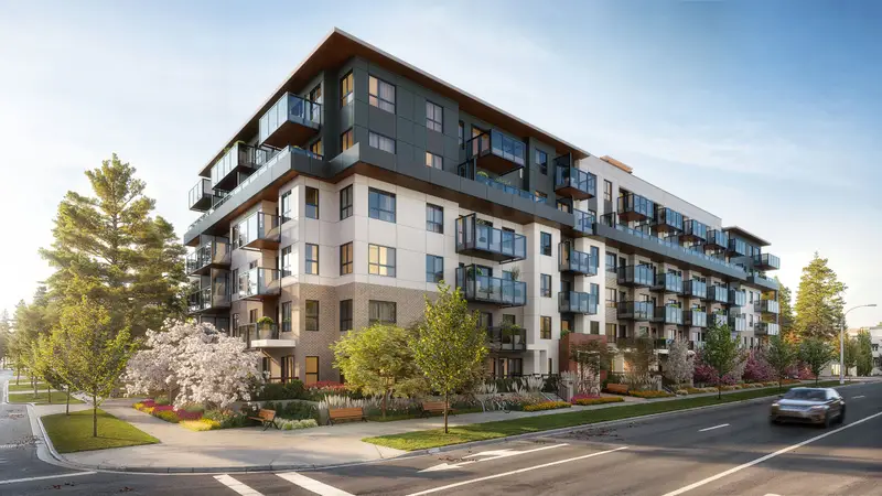 Exterior 3D rendering for pre-sales of the Muse townhouse development in Surrey, Canada