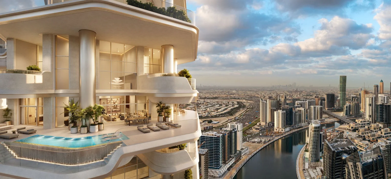 3D rendering of Sankari Place luxury condominium in Dubai featuring a penthouse terrace, infinity pool, and city skyline view
