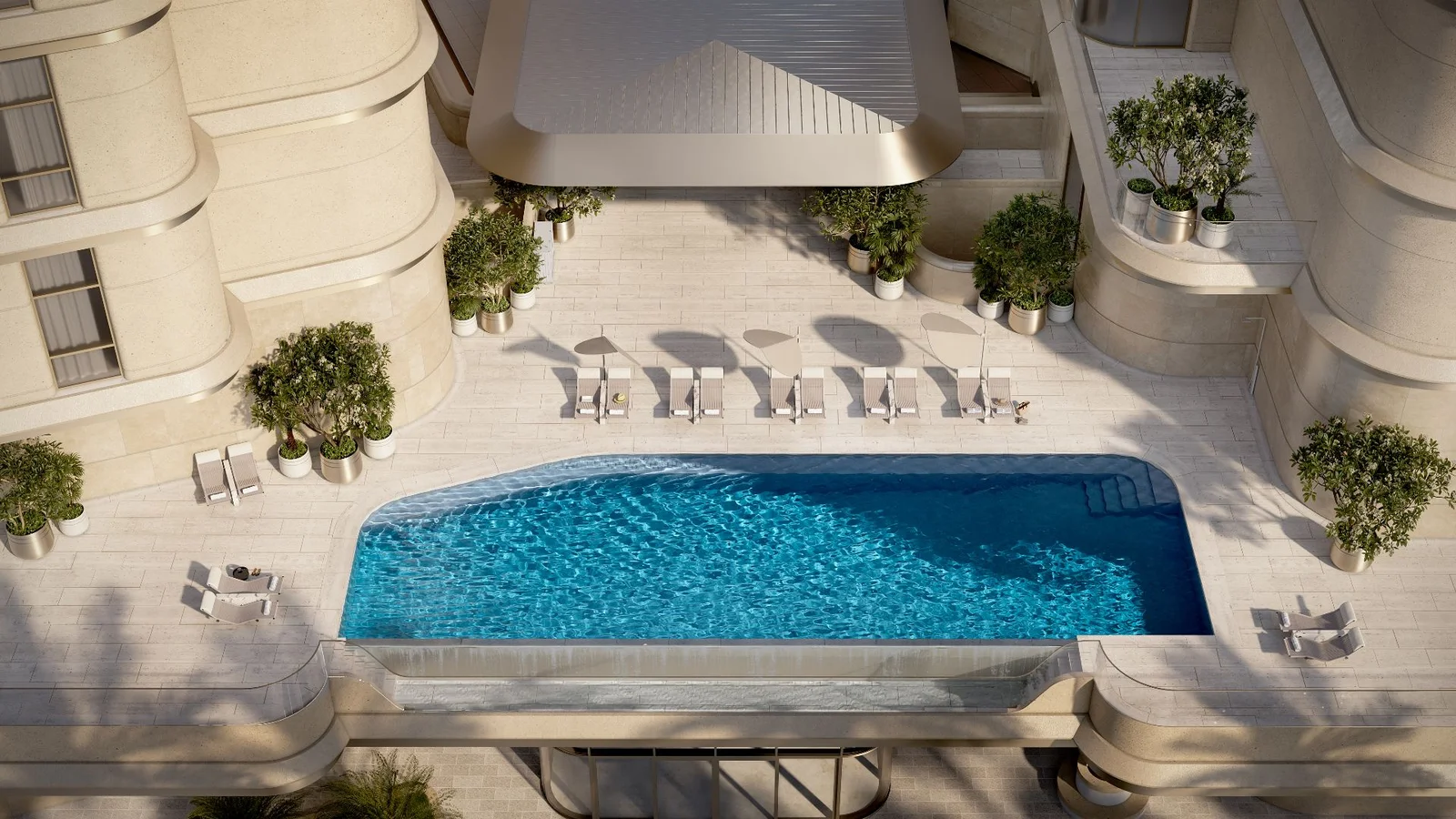 3D rendering of elevated swimming pool at Sankari Place luxury condominium in Dubai with sun loungers and landscaped terrace