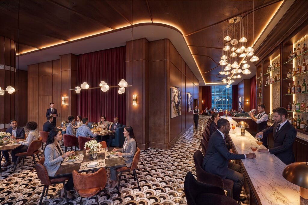 Luxury restaurant interior 3D rendering with bar, warm lighting, and modern hospitality design 66 E 55th St New York