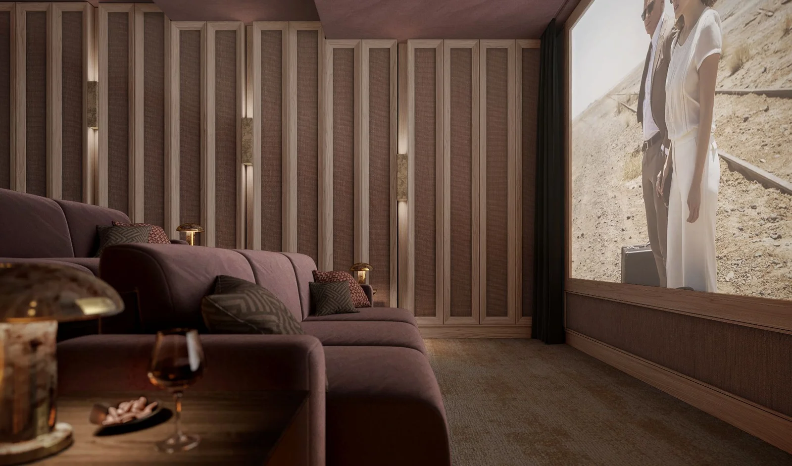 3D rendering of private cinema room at Sankari Place luxury condominium in Dubai featuring plush seating and immersive home theater design