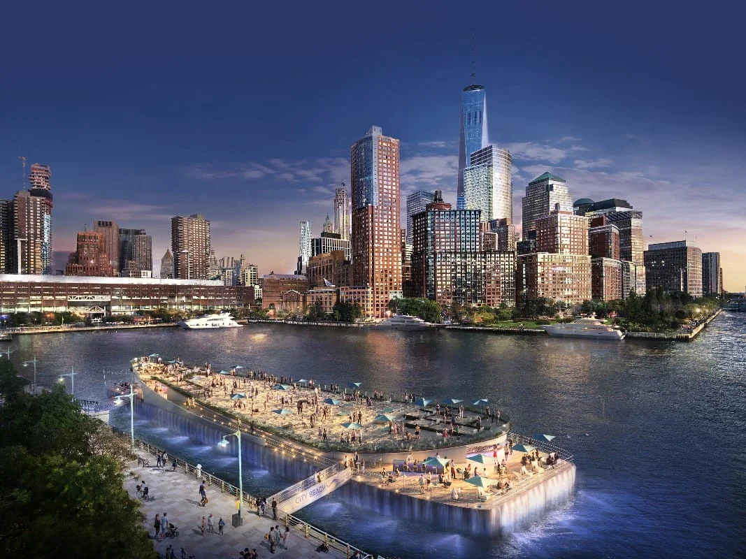 3D rendering of a modern cityscape featuring skyscrapers and waterfront, created using professional 3D rendering services.