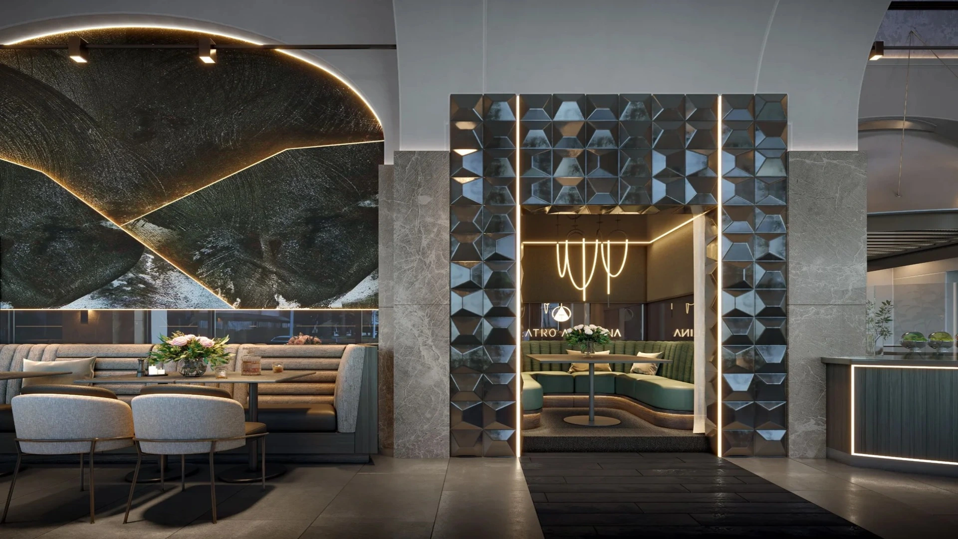 Interior 3D rendering for design approval at Teatro Angelina in Los Angeles, featuring luxury residential spaces