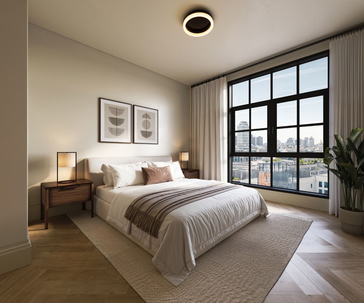 3D rendering of primary bedroom with large windows and city views