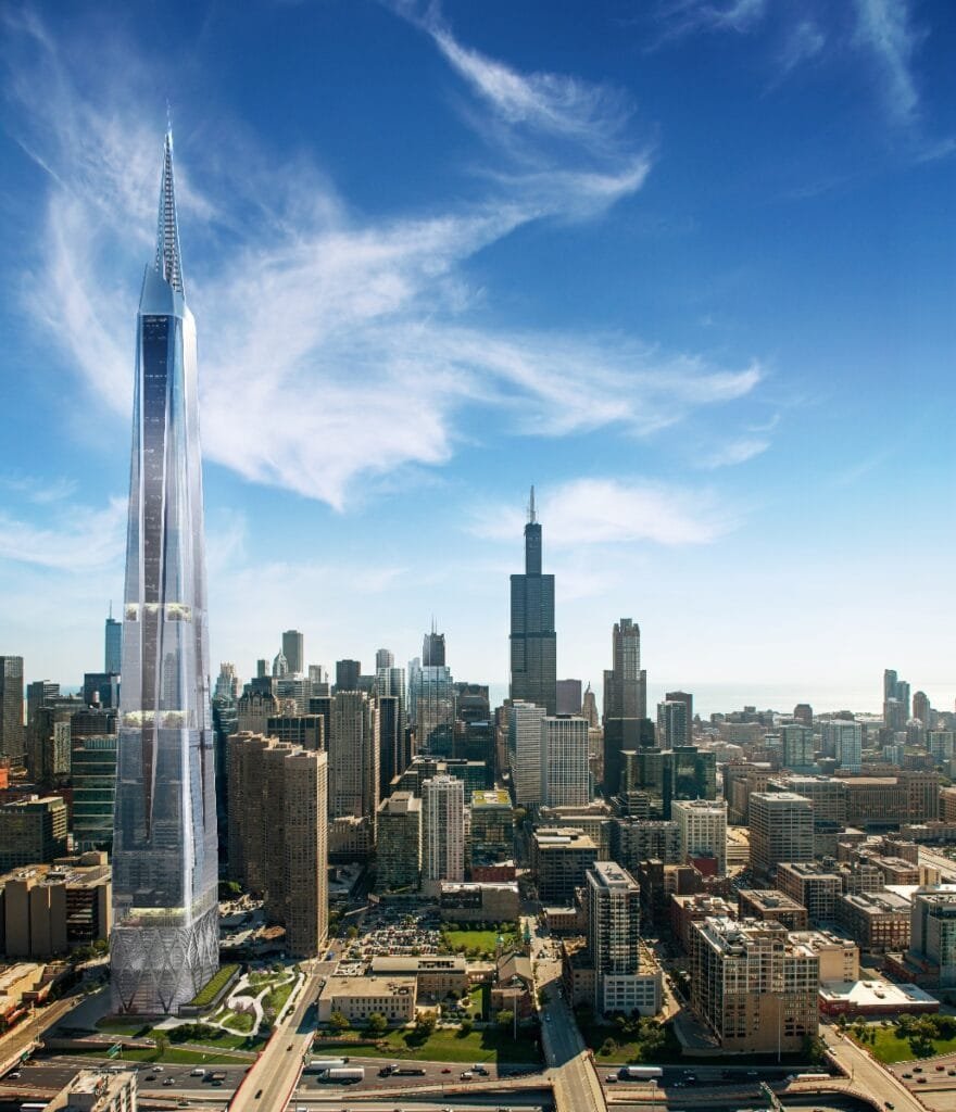 3D exterior rendering of a futuristic skyscraper towering above downtown Chicago,