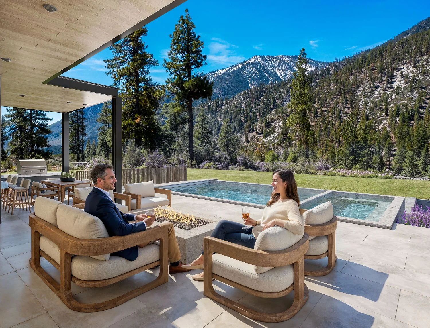 Interior 3D rendering for pre-sales at Clear Creek, Carson City, Nevada, showing a modern open-plan kitchen and dining area with natural light, mountain views, and family lifestyle staging.