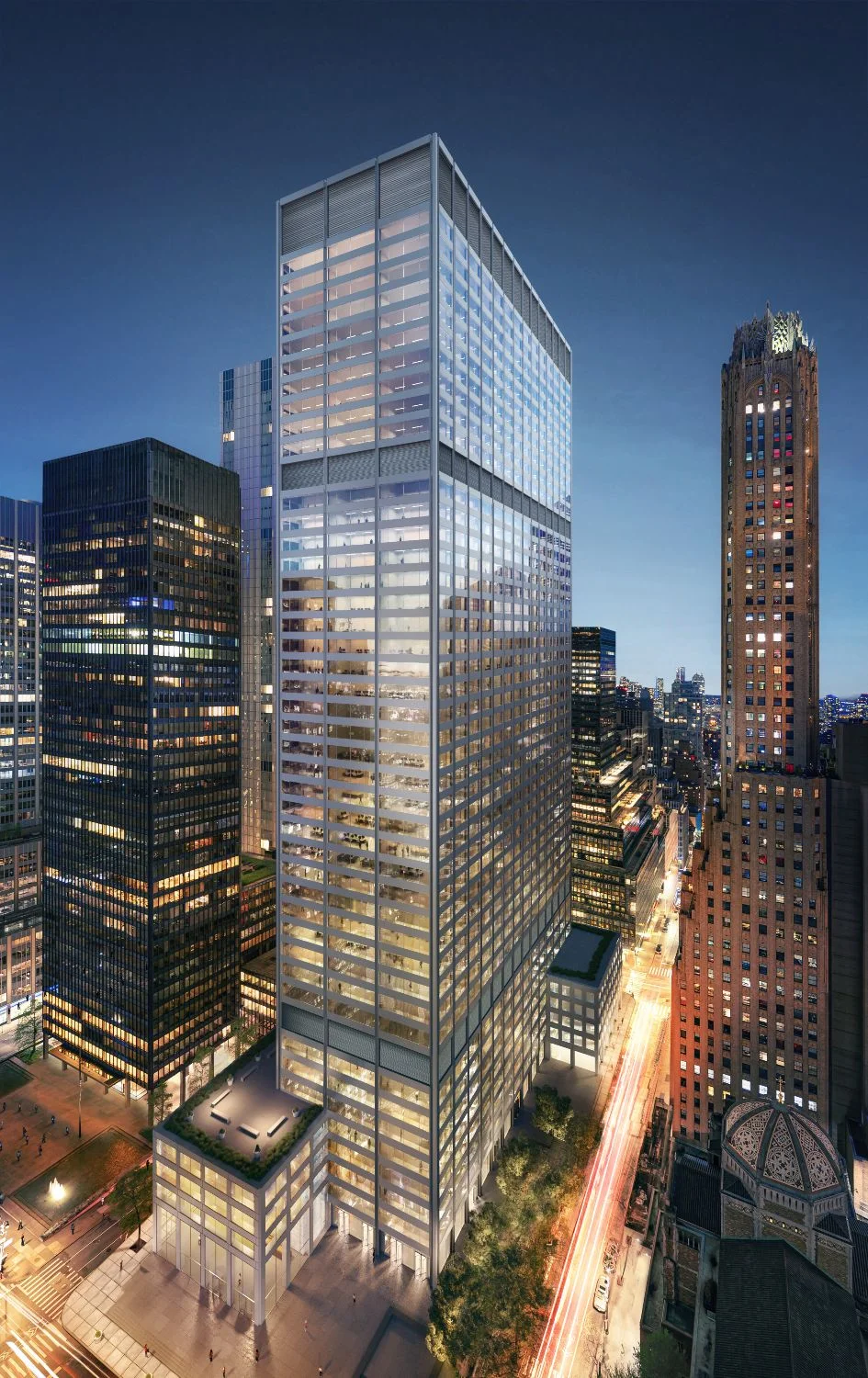 Dusk exterior 3D rendering of a skyscraper at 345 Park Avenue, New York City, for design approval