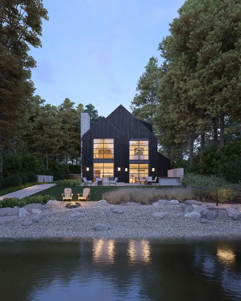 Exterior 3D rendering of a modern lakeside private residence in Vancouver for pre-sales marketing