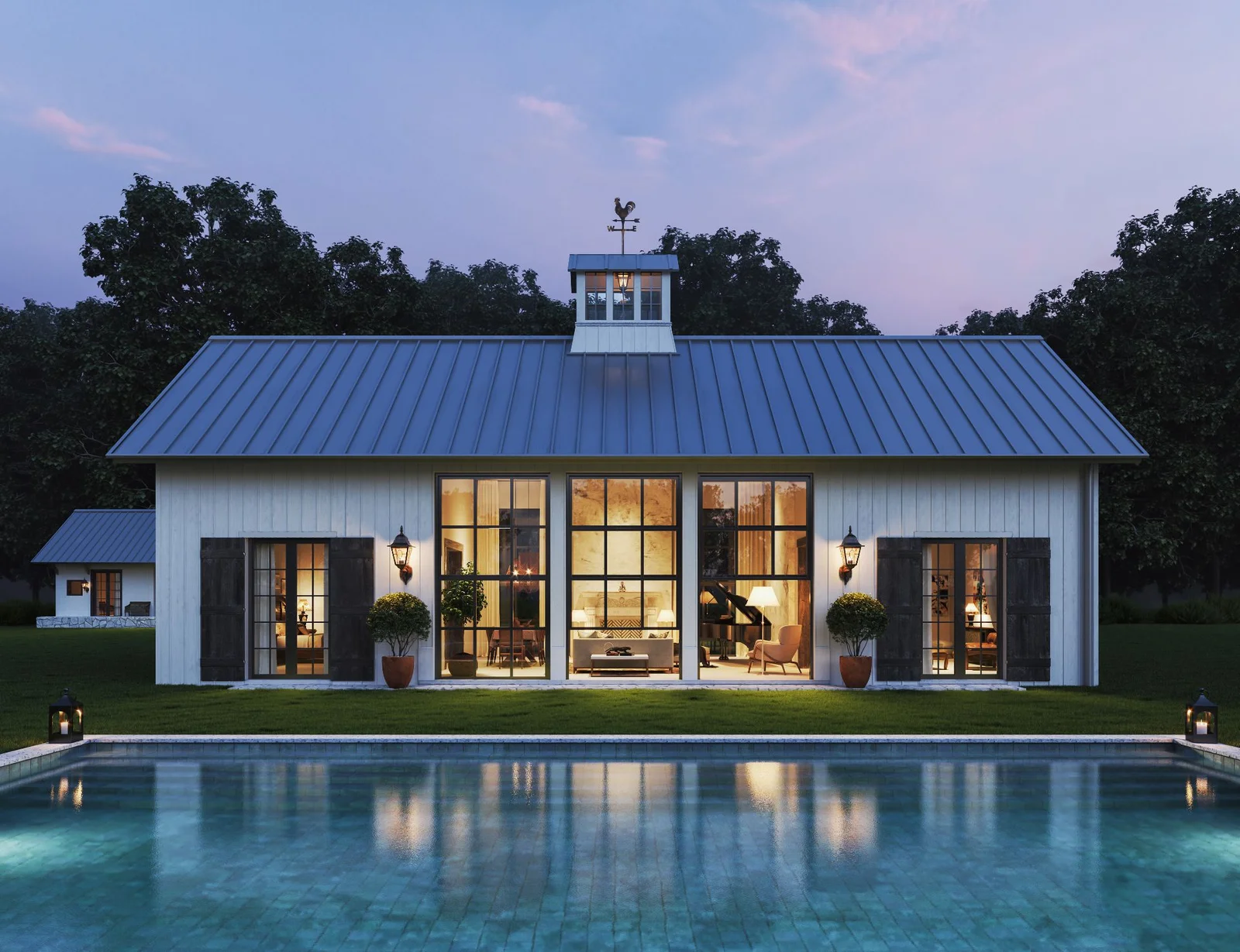 Exterior 3D rendering of a modern lakeside residence, featuring contemporary architecture, large windows, forest surroundings, and waterfront living.