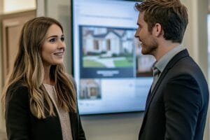 real estate professional speaking with client in front of a VR tour on a large screen