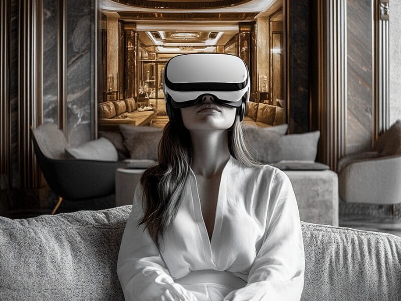 woman sat on sofa with vr head set looking engaged