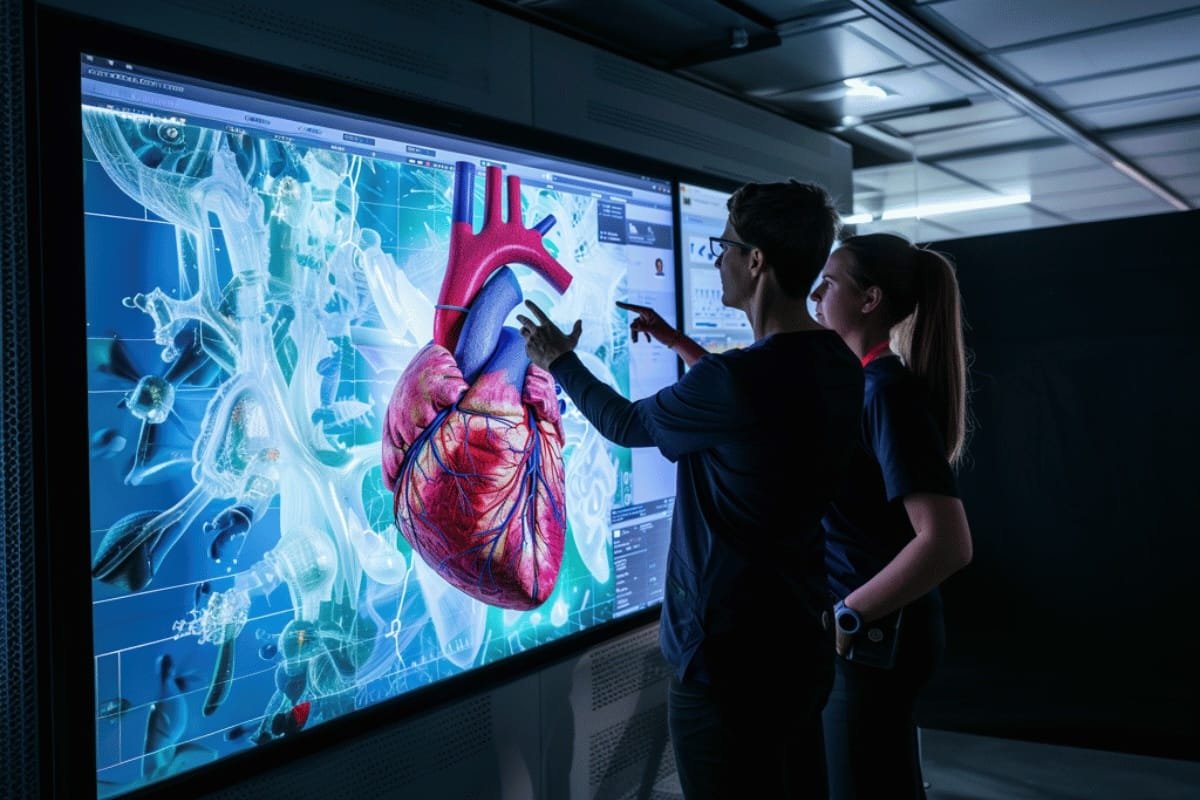 designer looking at a big 3d screen