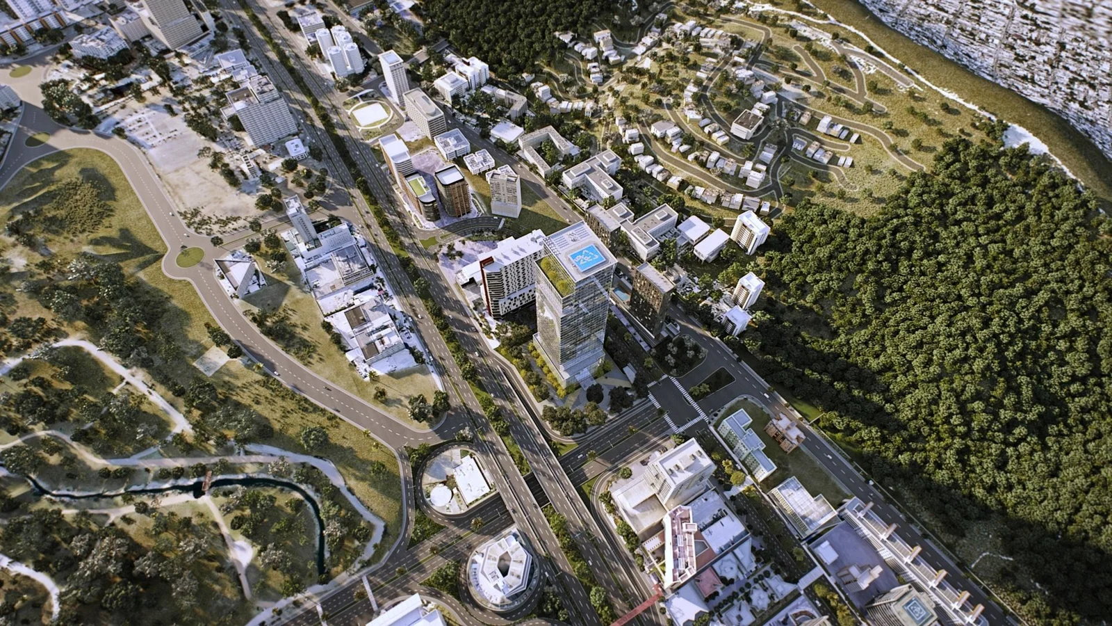 Aerial 3D rendering of the Armida mixed-use neighborhood in Monterrey, Mexico for planning permission